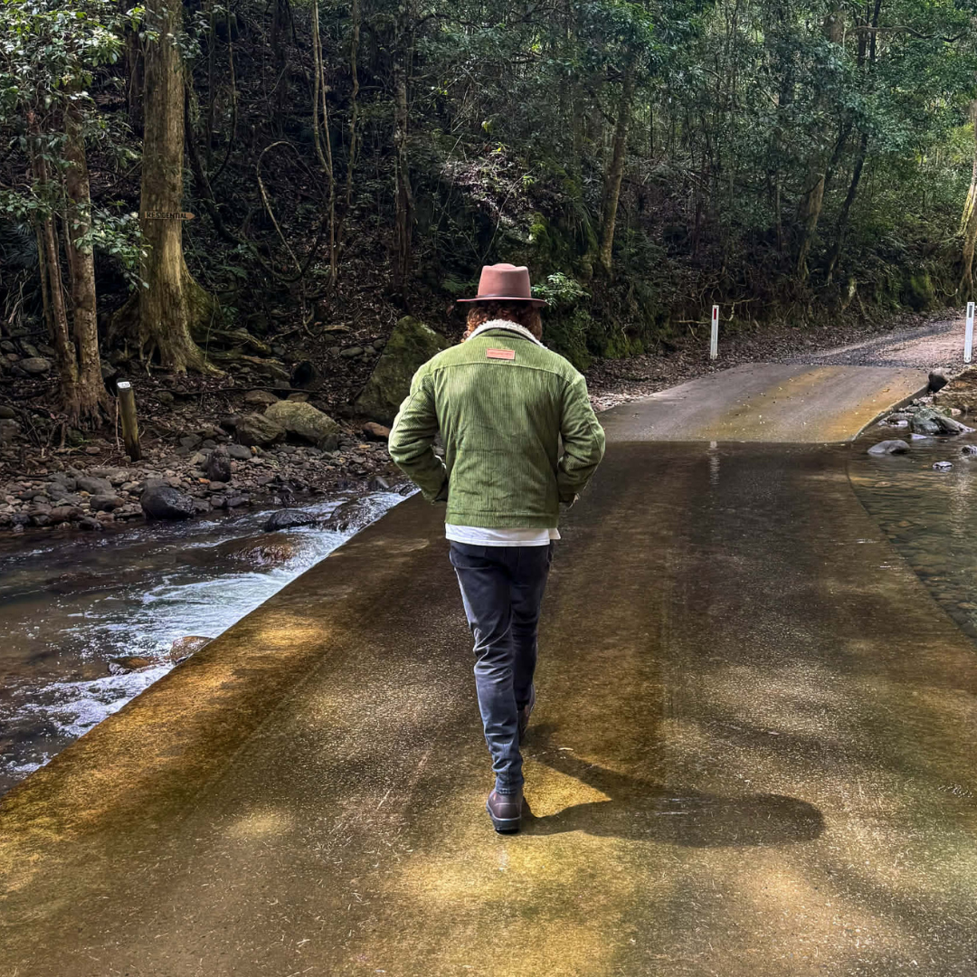 Forest Green Adult Corduroy Jacket lined with Sherpa Fleece & Made from Organic Cotton - walking back..