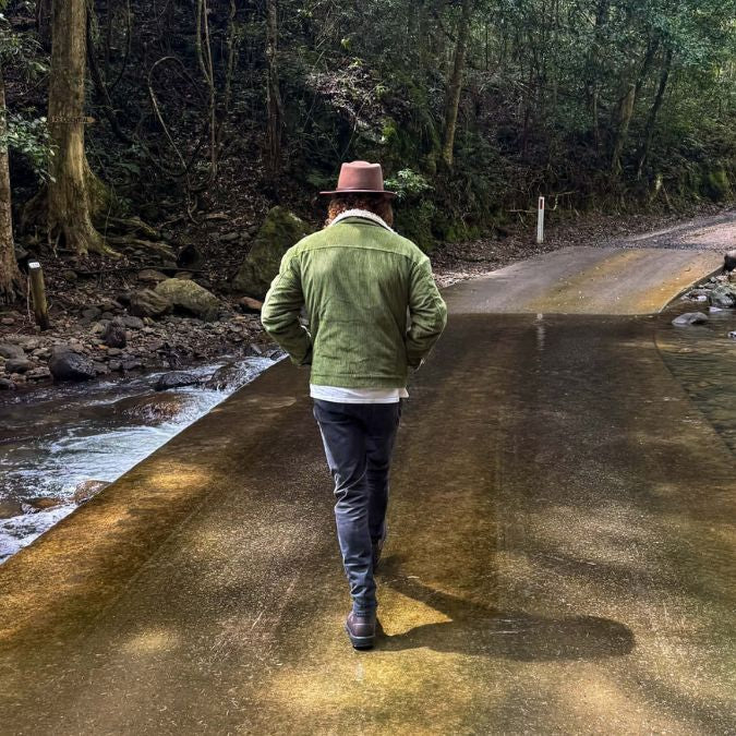 Forest Green Adult Corduroy Jacket lined with Sherpa Fleece & Made from Organic Cotton - walking back