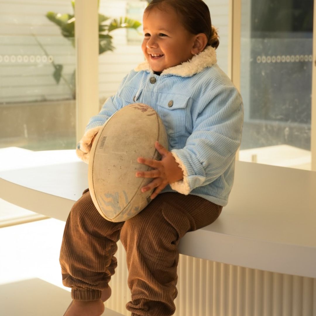 blue cotton corduroy jacket with sherpa fleece. Organic Cotton, GOTS, For Infants, Toddlers and kids - front view