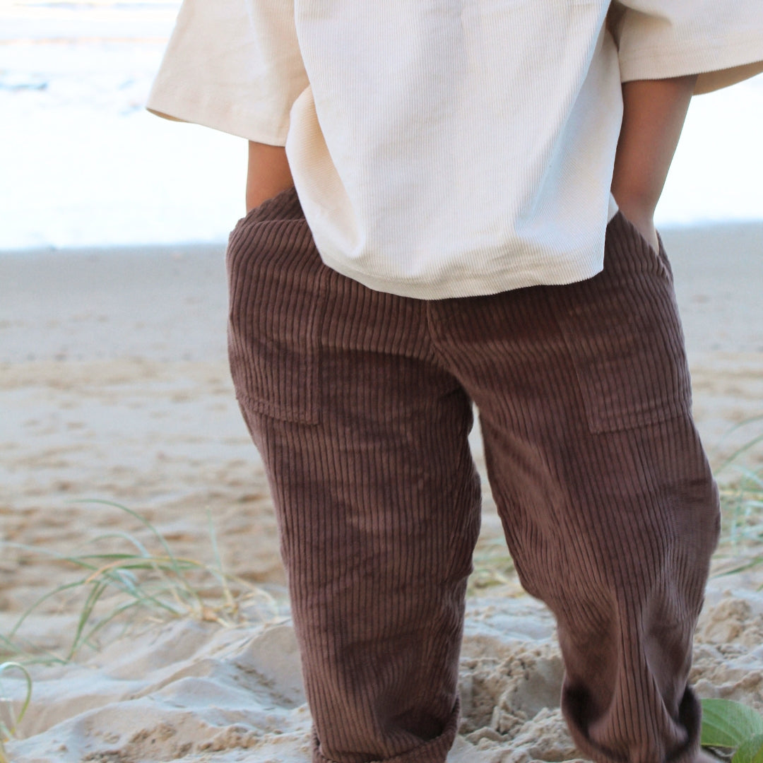 organic cotton corduroy pants in colour brown for infants, toddlers and kids front view
