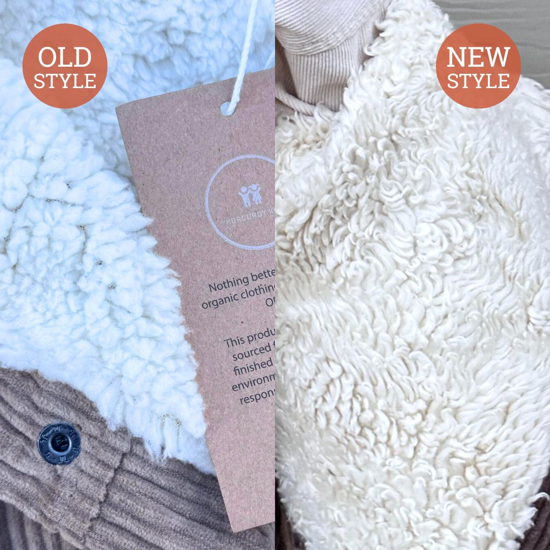 organic cotton sherpa fleece old style vs new style on the lining of kids organic corduroy jacket