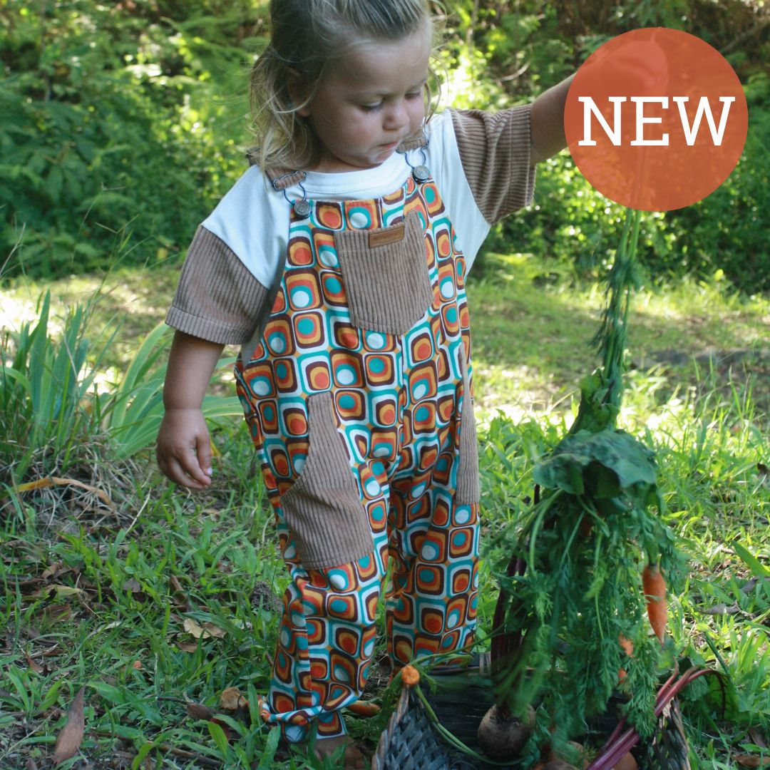 Organic cotton retro overalls made with cotton and corduroy. GOT Certified and for kids, todders and Infants - Front VIew