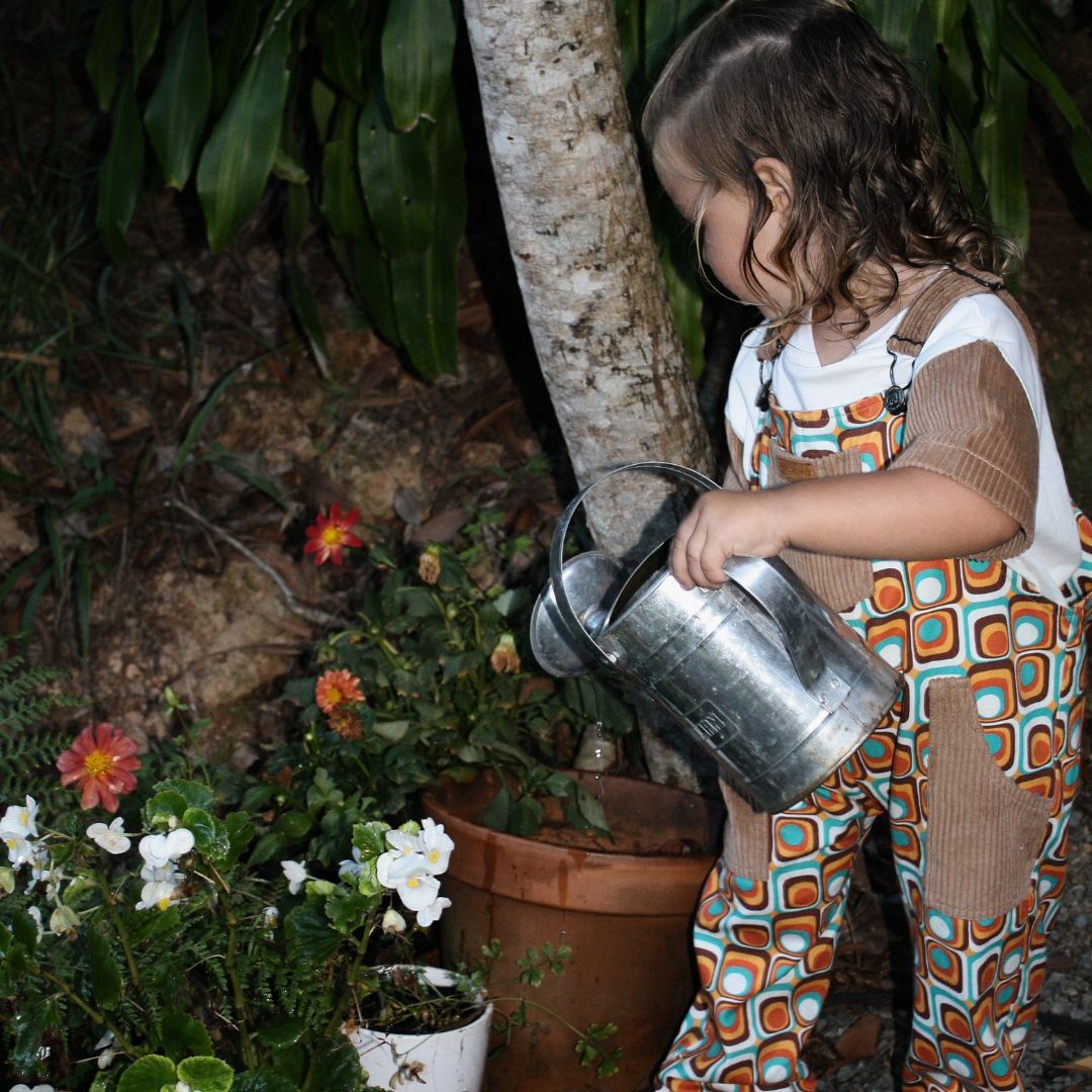 Organic cotton retro overalls made with cotton and corduroy. GOT Certified and for kids, todders and Infants - Side VIew