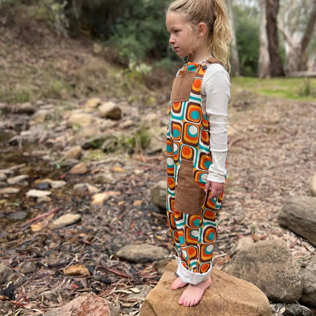 Organic cotton retro overalls made with cotton and corduroy. GOT Certified and for kids, todders and Infants - fron on view