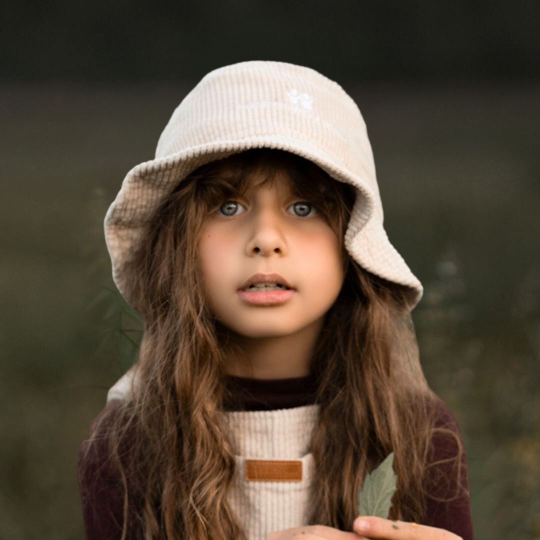 bucket hat in colour beige made from organic cotton corduroy clothing for infants, toddlers and kids