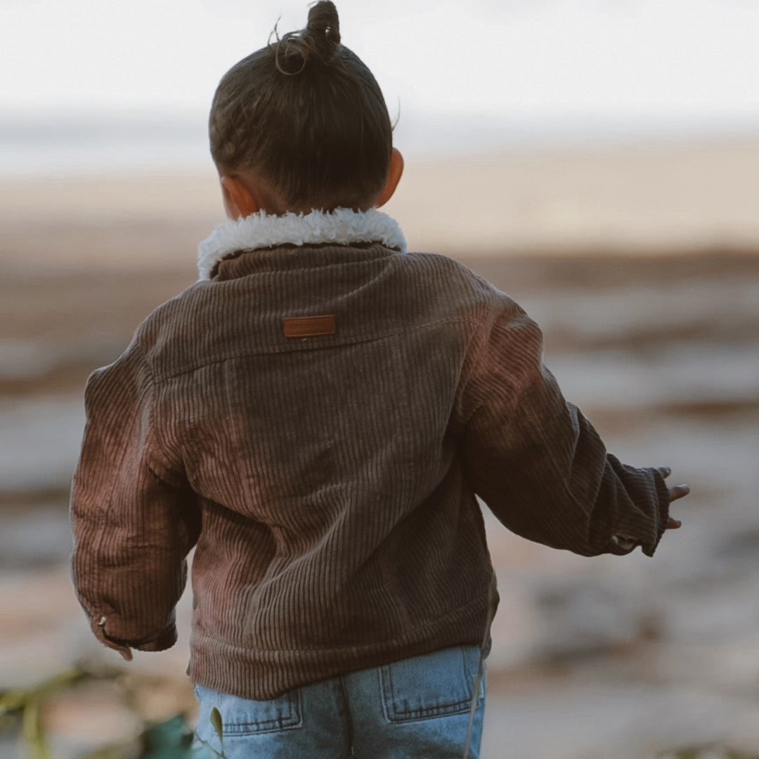 infants, toddlers and kids organic cotton corduroy jacket in a brown colour back view