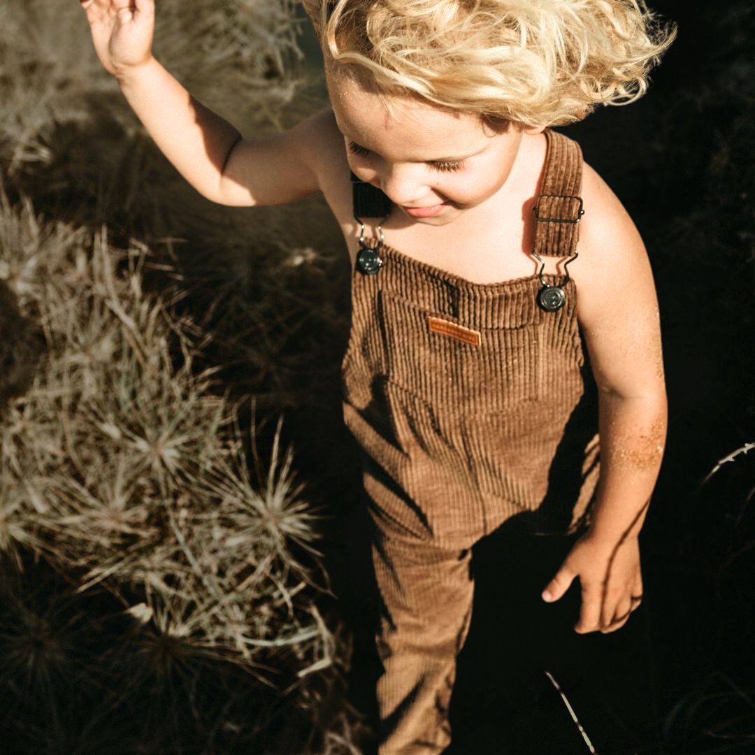 long leg overall, dungaree in colour brown made from organic cotton corduroy clothing for infants, toddlers and kids