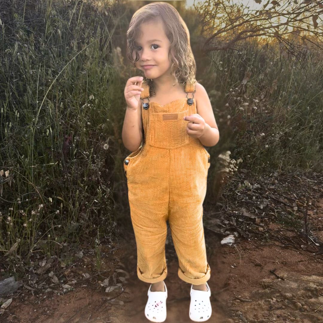 long leg overall, dungaree in colour orange made from organic cotton corduroy clothing for infants, toddlers and kids
