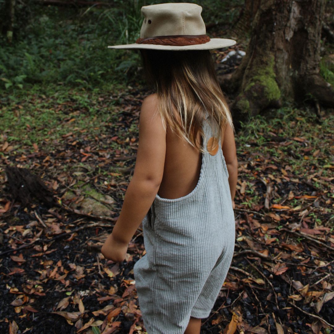 organic cotton corduroy short leg overalls in a sage for kids, toddlers and infants back view