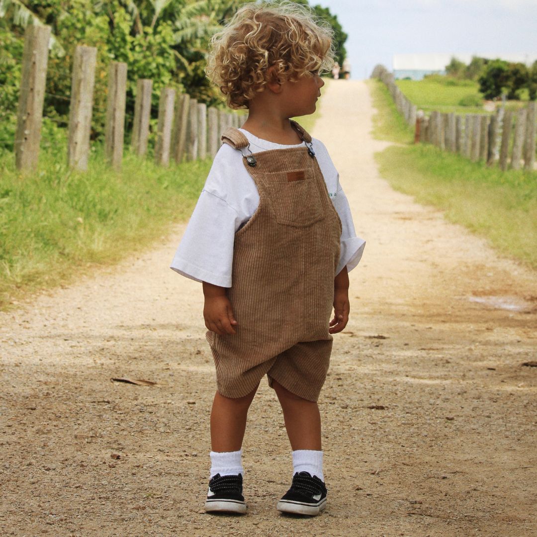 organic cotton corduroy short leg overalls in a tan for kids, toddlers and infants 2