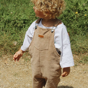 organic cotton corduroy short leg overalls in a tan for kids, toddlers and infants 1