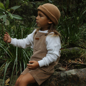 organic cotton corduroy short leg overalls in a tan for kids, toddlers and infants