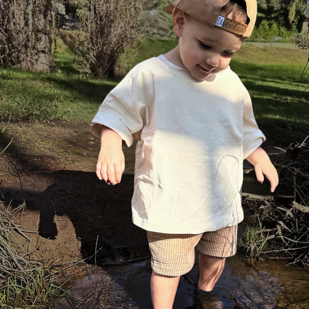 t shirt in colour beige made from organic cotton corduroy clothing for infants, toddlers and kids